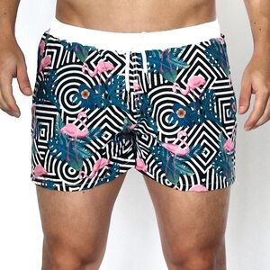 Seobean Flamingo Print Men’s Swim Shorts - Pink & Teal bathing suit XL 14”